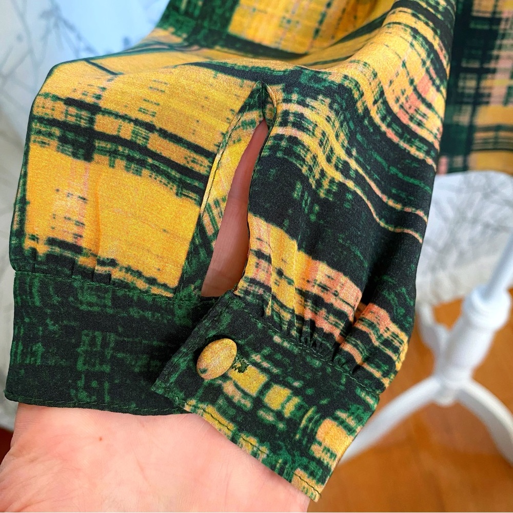 THAKOON yellow peach green print silk button down neck v-neck long sleeve top - Picture 6 of 11